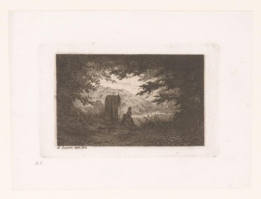 Mother and child kneeling before a chapel in the forest