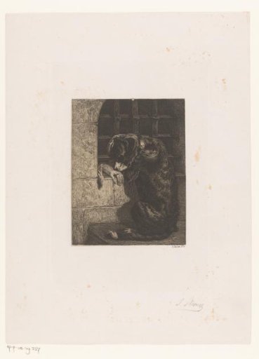 Dog of the prisoner sniffing at a hand thrust through the bars