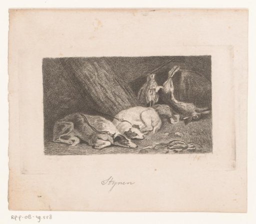 Two sleeping dogs and hunting trophies
