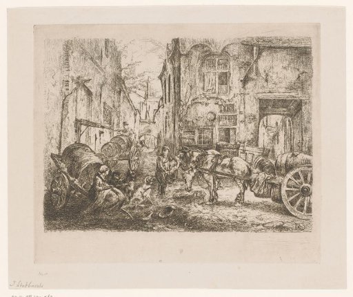 City view with figures and carriages at a crossroads