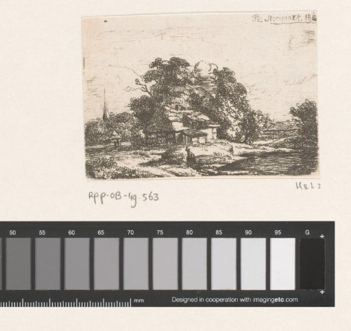 Landscape with a man seated by the water near a house