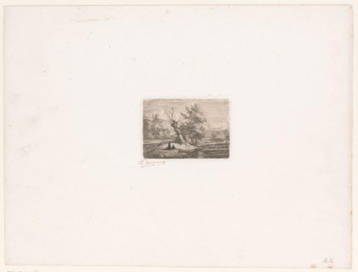 Landscape with figures near a bare tree along a stream
