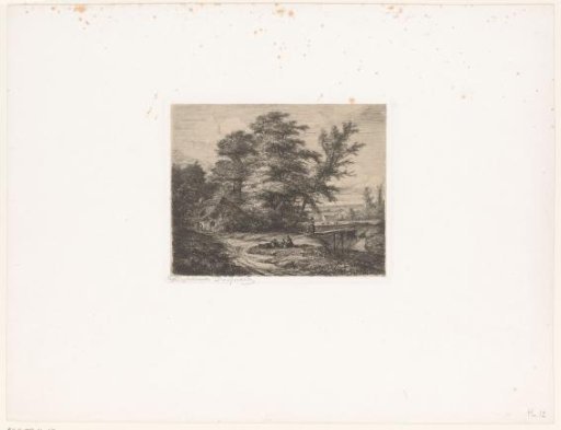 Figures near a farm by a stream with a wooden bridge