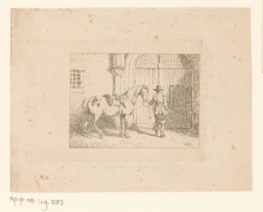 Dismounted rider with his horse at a gate