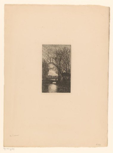 Old Woman with a Walking Stick on a Small Stone Bridge