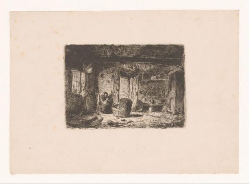 Interior with woman by a cradle