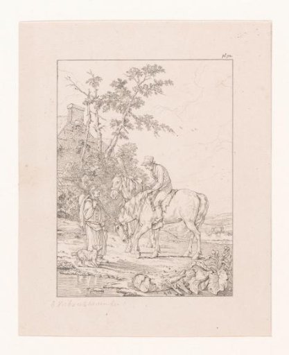 Man on horseback in conversation with a man with a rake