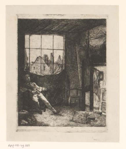 Painter viewing his work in his studio