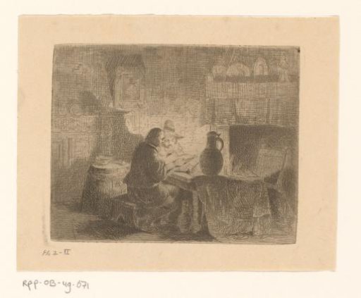 Interior with two men reading at a table with a jug