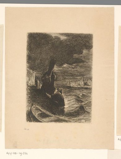 Shipwrecked man clinging to a pole along the shore