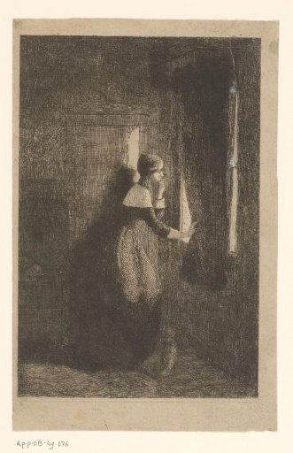 Young woman looking out through a curtain