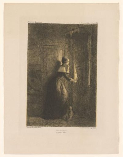 Young woman looking out through a curtain