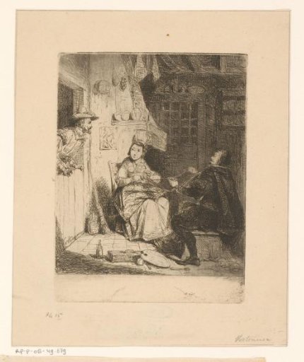 Man assisting a woman with needlework while another man stands in the doorway
