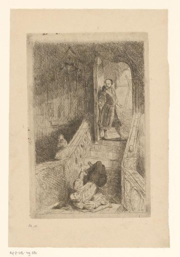 Hans Holbein at the top of a staircase with a fallen man at the bottom