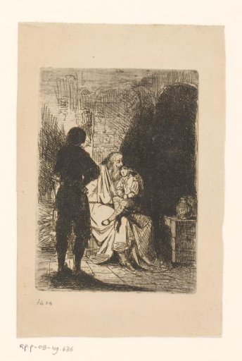 Guard looking at an old man with a child on his lap