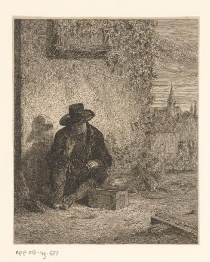 Man with a hat seated on the corner of a street near a chest and a monkey