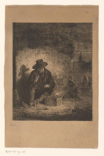 Man with a hat seated on the corner of a street near a chest and a monkey