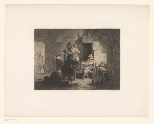 Company of five drinking soldiers by a fireplace