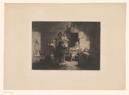 Company of five drinking soldiers by a fireplace