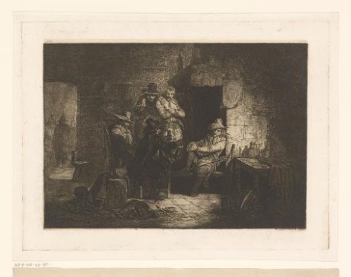Company of five drinking soldiers by a fireplace