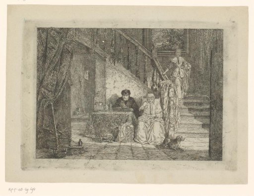 Young woman walking down a staircase beside which a man and woman are seated