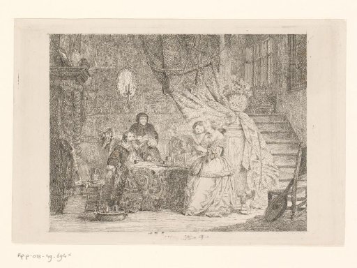 Interior with two young women viewing a design by the artist seated at a table beside a standing woman