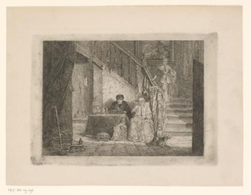Young woman walking down a staircase beside which an old man and woman are seated