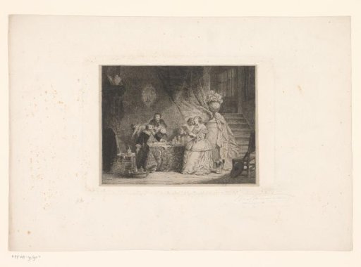 Interior with two young women viewing a design by the artist seated at a table beside a standing woman