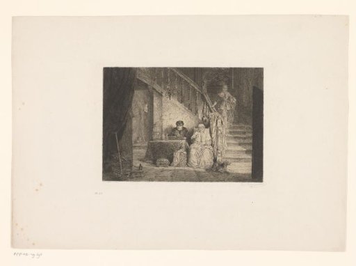Young woman walking down a staircase beside which a man and woman are seated