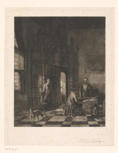 Three men and a dog in the aldermen's hall in the town hall of Oudenaarde