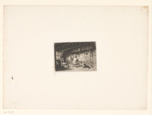 Man with dog seated by a cauldron