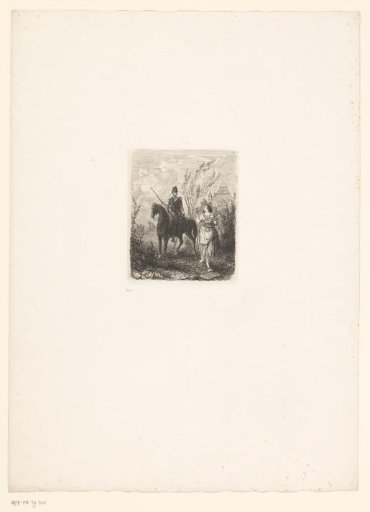 Landscape with soldier on horseback near a woman with a fruit basket