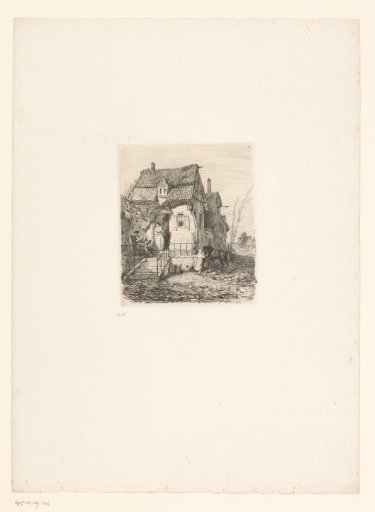 Woman with tray in the doorway of a house, in front of which a man reading and a figure with a horse
