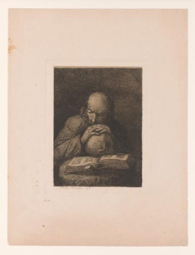 Man leaning on a skull and an open book