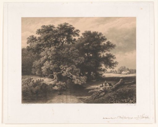 Landscape with oaks along a stream