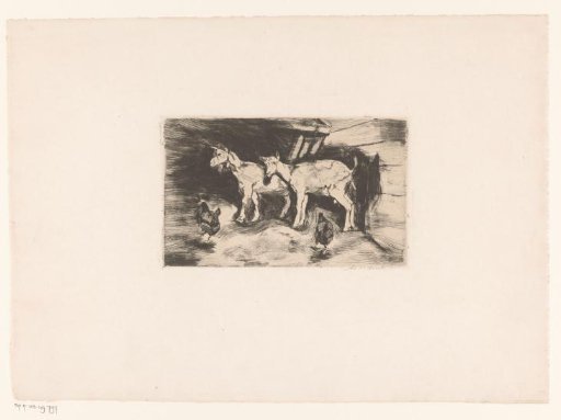 Two goats and two chickens in a stable