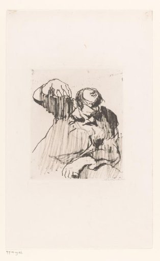 Man with bowed head and raised hand