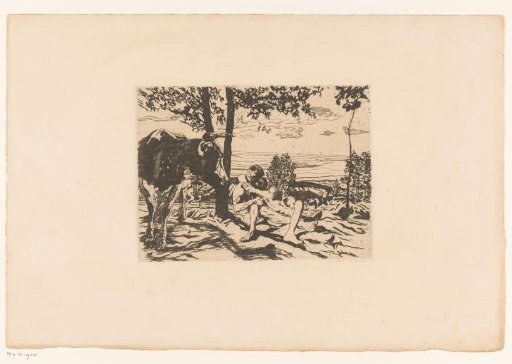 Nude couple under a tree watched by an ox
