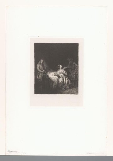Young woman pointing to an old man on a bed, with a young man standing behind