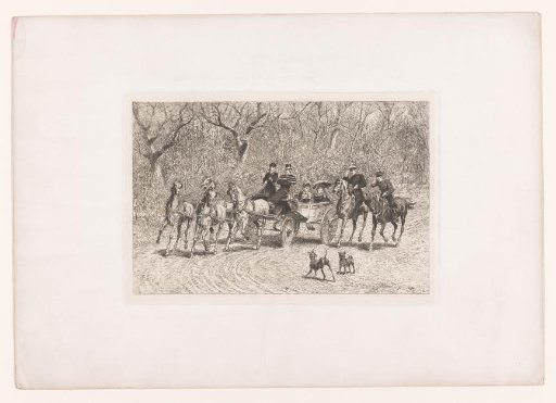 Two mounted soldiers greet ladies in a four-horse carriage