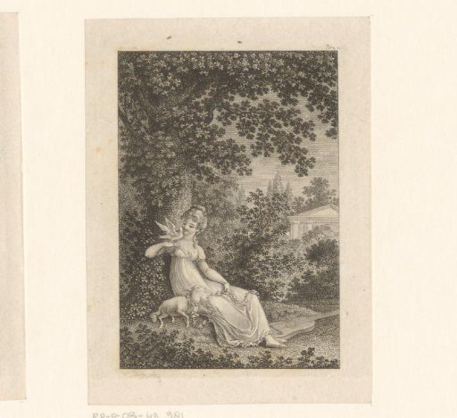 Girl Seated under a Tree with a Dove, Lamb, Floral Wreath and Guitar