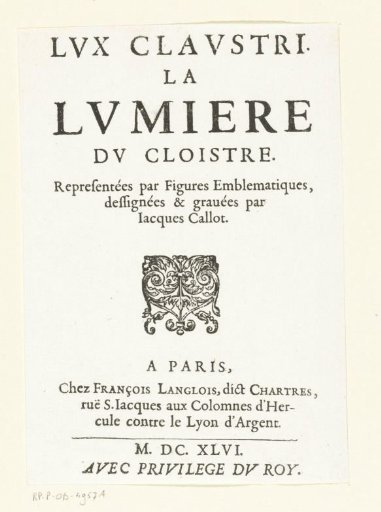 Unillustrated Title Page for the Emblem Series 'Monastic Life in Emblems'