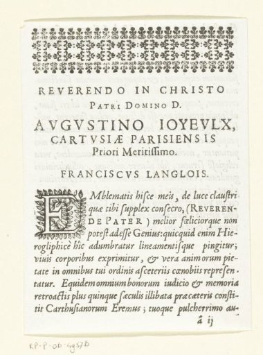 Unillustrated Dedication for the Emblem Series 'Monastic Life in Emblems'