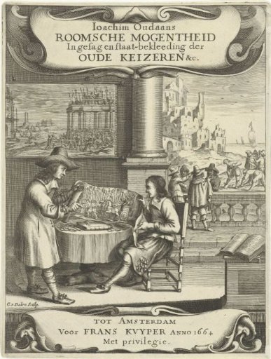 Two men looking at a print with the triumphal procession of a Roman emperor