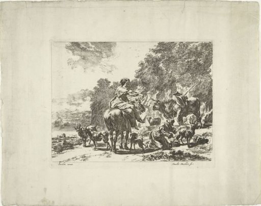 Landscape with a woman on horseback and a shepherdess milking a goat
