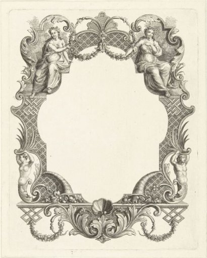 Cartouche with two female figures and ornaments