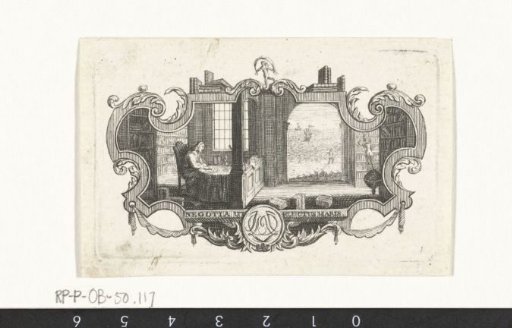 Vignette with Scholar in Library in Cartouche