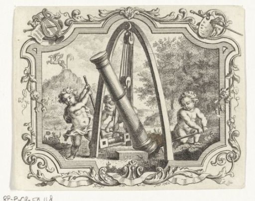 Three Putti Erecting a Pillar with Tackle, in Cartouche