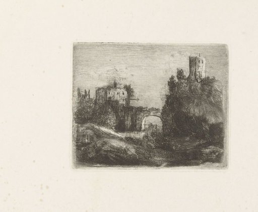 Southern landscape with a gate and tower on a rock