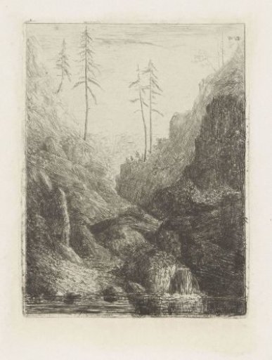 Mountain landscape with a stream and conifers